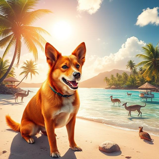 Tropical scene with red australian cattle dog