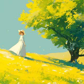 anime girl walking down a field (desktop/Chromebook wallpaper)