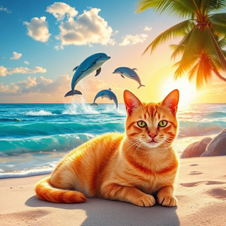Cat on the beach with dolphins in the back round