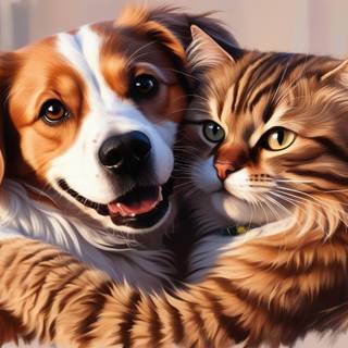 Cat and dog hugging