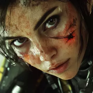 warrior, wounded, intense, determined, fierce, battle, scars, strength, armor, futuristic, resilience, survival, defiance, grit, stare