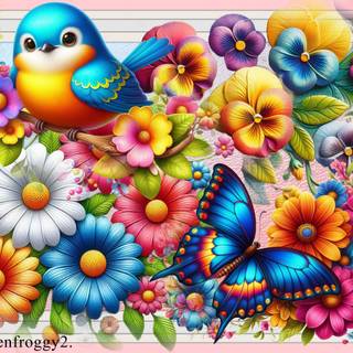 COLOURFUL FLOWERS WITH BIRD AND BUTTERFLY