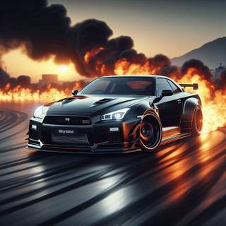 Nissan R35 Gtr black drifting, burning out, and flaming