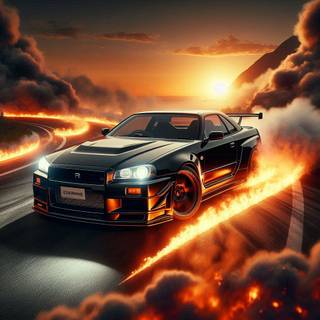 Nissan R35 Gtr black drifting, burning out and flaming