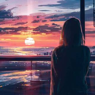 a girl watching the sunset from her window 