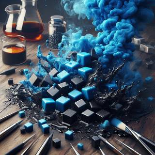 black and blue cubes mixed with blue and black smoke 