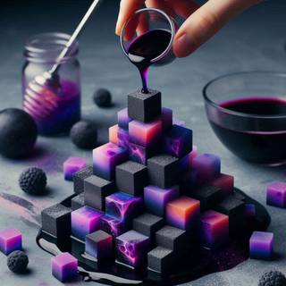 black and purple cubes mixed with purple liquid