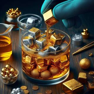 gold and silver cubes mixed liquid