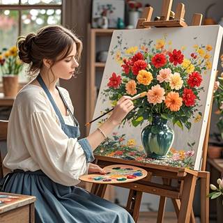  A Beautiful Woman Painting a Lovely Flower Pot