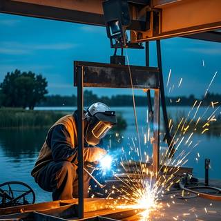 A man is deeply focused as he welds metal