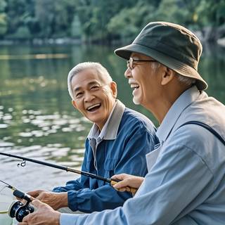 Two elderly men sit peacefully by the water’s edge, rods in hand and smiles on their faces