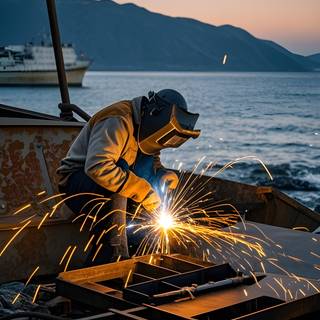 A man is deeply focused as he welds metal, sparks flying around him in bright bursts of light