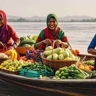 Three Women Selling Vegetables on a Boat