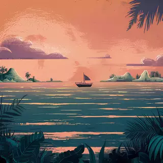 Tropical island sunset with sailing boat by gabruwallpapers