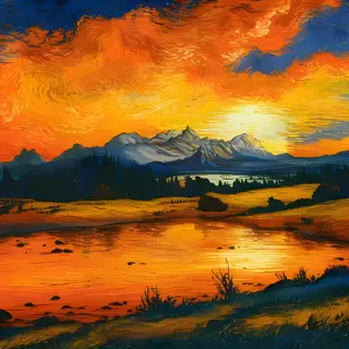 Breathtaking sunset over tranquil mountain lake by gabruwallpapers
