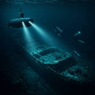 Submarine exploring a sunken Shipwreck