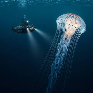 Submarine swimming passed a Giant Jellyfish