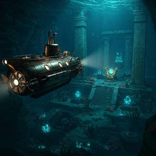 Steampunk Submarine exploring Ancient Temple