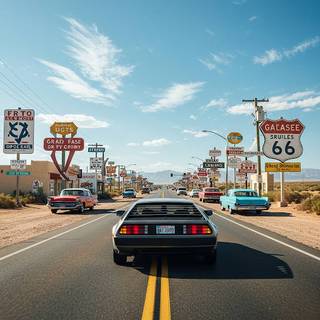 Delorean cruising on Route 66