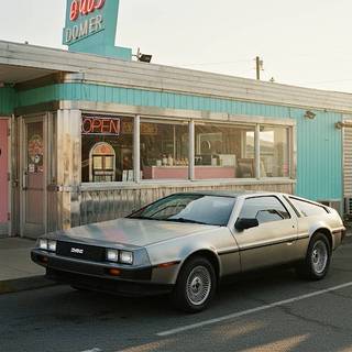 Delorean parked outside of an Old Diner