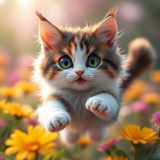 Calico Cat Jumping Through A Meadow_