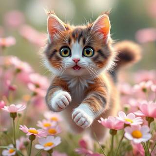 Calico Cat Jumping Through A Meadow_