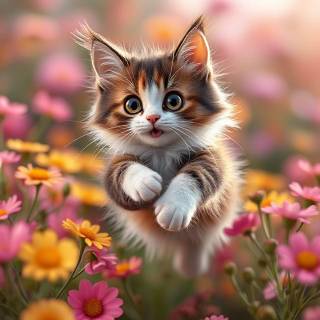 Calico Cat Jumping Through A Meadow_