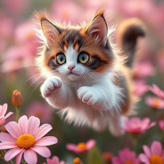 Calico Cat Jumping Through A Meadow_