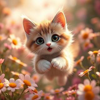 Cute Cat Jumping In Flowers