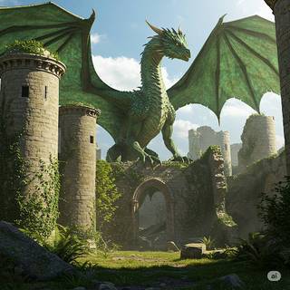 Giant Dragon guarding remains of an Old Castle