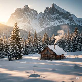 Winter Cabin in the Mountains