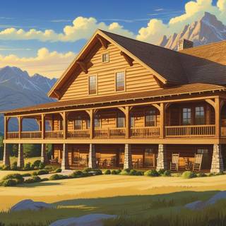 A ranch in the mountains with a wrap around porch 