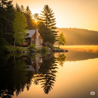Sunrising over a Lakeside Cabin