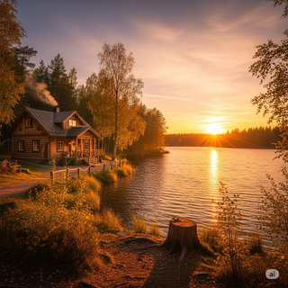 Sun setting over Lakeside Cabin