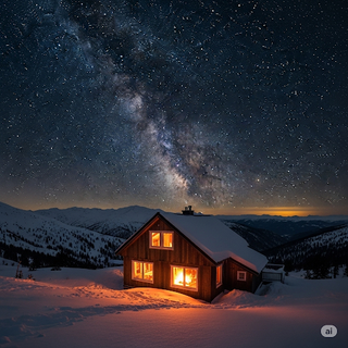 Snowcapped Mountain Cabin underneath the Milky Way