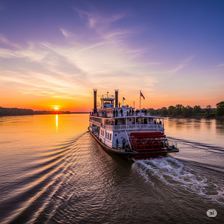 Paddle Steamer sailing on the Mississippi River at Sunset