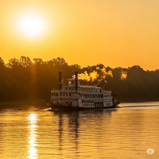 Paddle Steamer on the Mississippi River at Sunrise