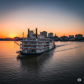 Paddle Steamer cruising near New Orleans at Sunset