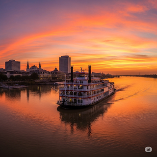 Paddle Steamer cruising near New Orleans at Sunrise