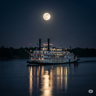 Paddle Steamer on Mississippi River at Moonlight