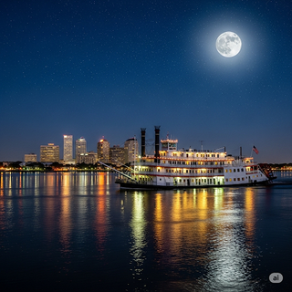 Paddle Steamer cruising near New Orleans at Night