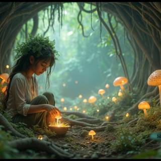 A magical subterranean garden nestled within a vast root network, floating balls of earth with luminous, mysterious seeds, illuminated by softly glowing mushrooms.