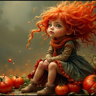 A whimsical scene features a young girl with wild, vibrant orange hair sitting amidst bright pumpkins. She wears a cozy, autumnal outfit, surrounded by a magical, warm atmosphere.