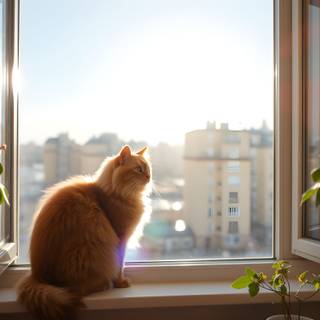 The cat sits on the windowsill