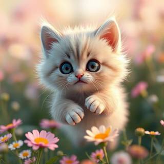 Kitten Jumping In Flowers