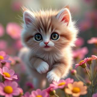 Kitten Jumping In Flowers