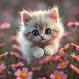 Kitten Jumping In Flowers