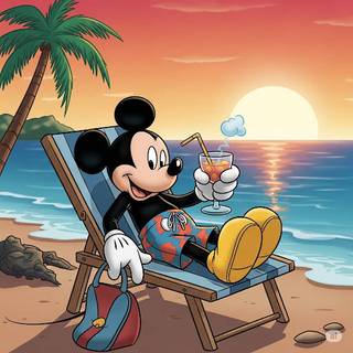 Mickey Mouse relaxing on a Beach at Sunset