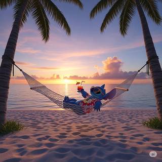 Stitch relaxing on a Hawaiian Beach at Sunset