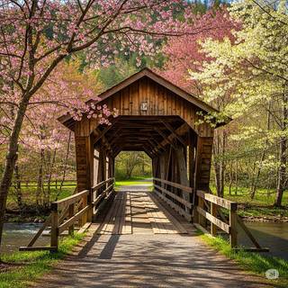 Wooden Covered Bridge during Spring